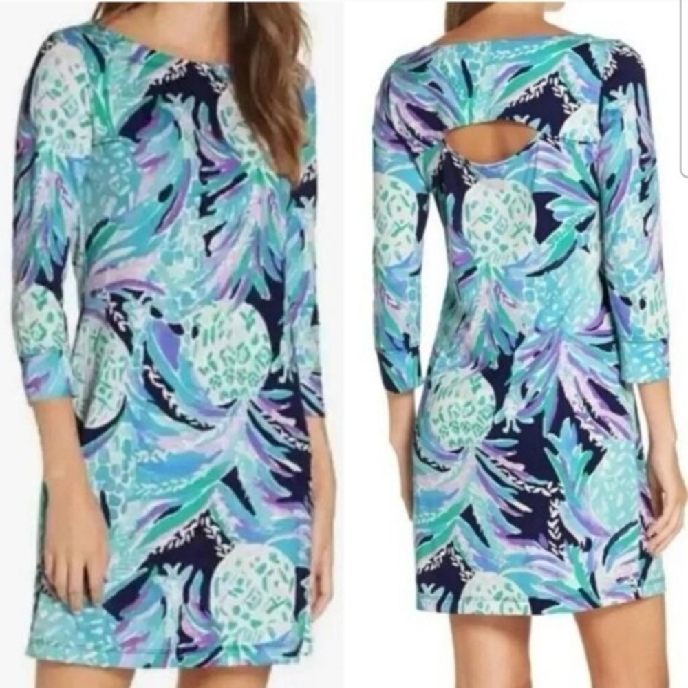 Lilly Pulitzer Aqua Navy Lavender Tropical Print Dress